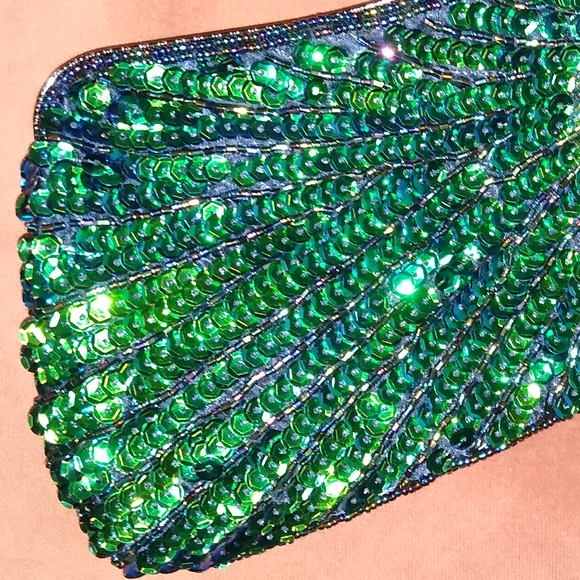 Peacock Feather 20s 30s Retro Sequin Clutch Purse Blue Green Bag Crossbody Chain - Picture 13 of 14